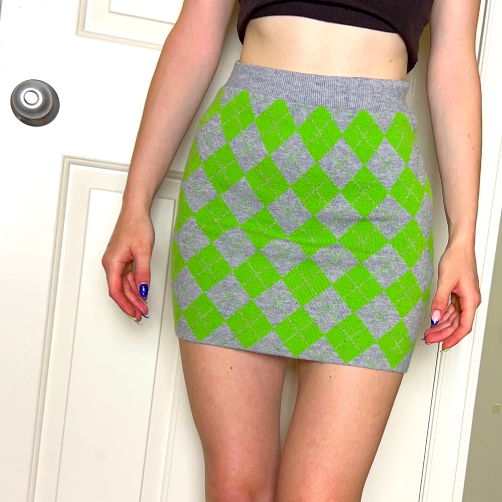 Knit green and gray mini skirt